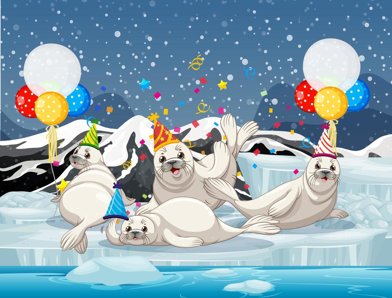 Groupe de phoques en personnage de dessin animé de thème de fête sur fond de l'Antarctique vecteur