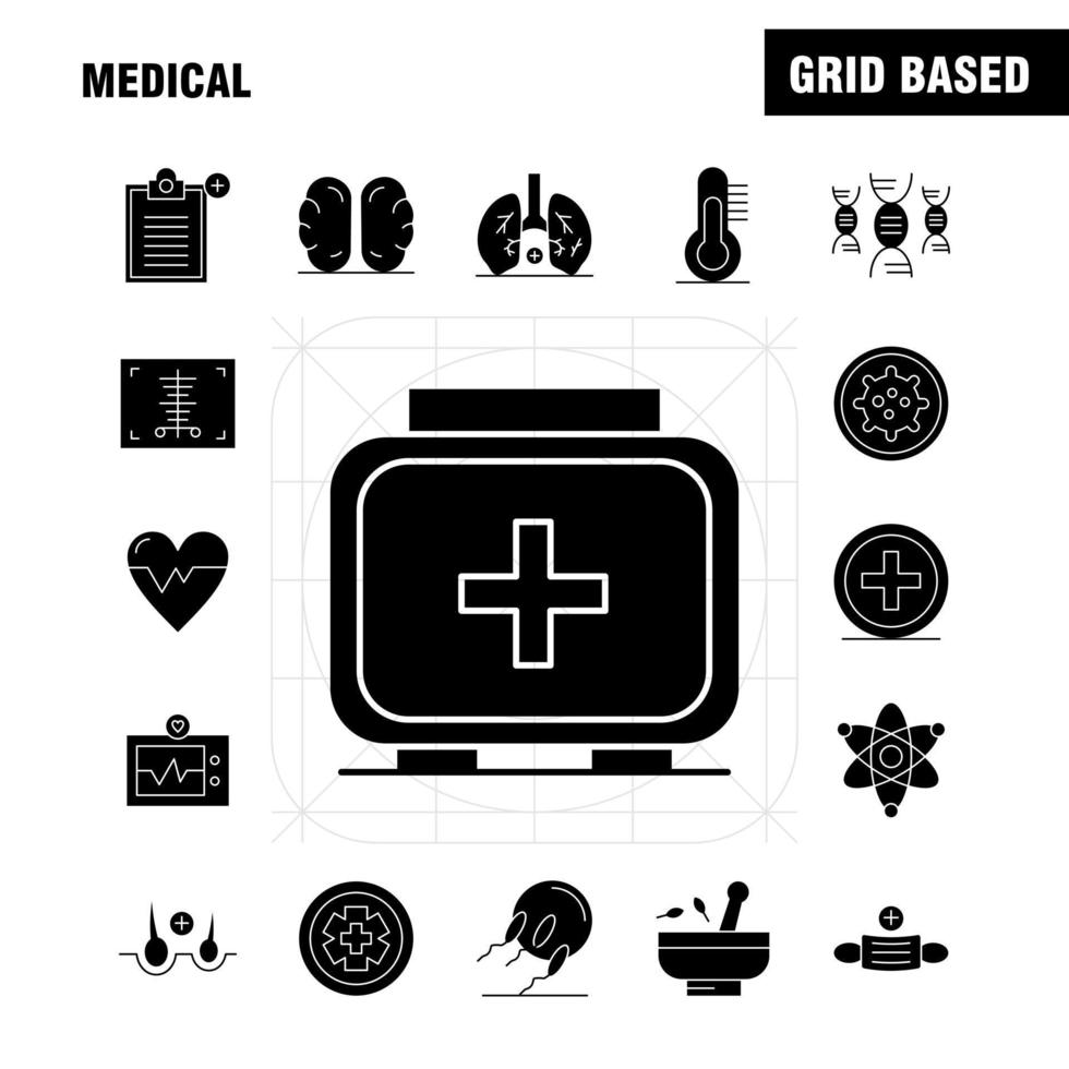 ensemble d'icônes de glyphes solides médicaux pour l'infographie le kit uxui mobile et la conception d'impression incluent l'hôpital médical scanner statistique pierre spa santé masque eps 10 vecteur