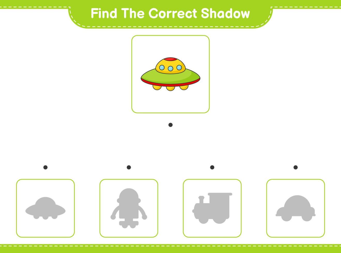 trouver la bonne ombre. trouver et faire correspondre l'ombre correcte de l'ovni. jeu éducatif pour enfants, feuille de calcul imprimable, illustration vectorielle vecteur