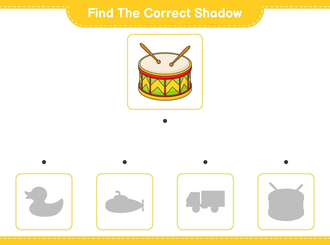 trouver la bonne ombre. trouver et faire correspondre l'ombre correcte du tambour. jeu éducatif pour enfants, feuille de calcul imprimable, illustration vectorielle vecteur