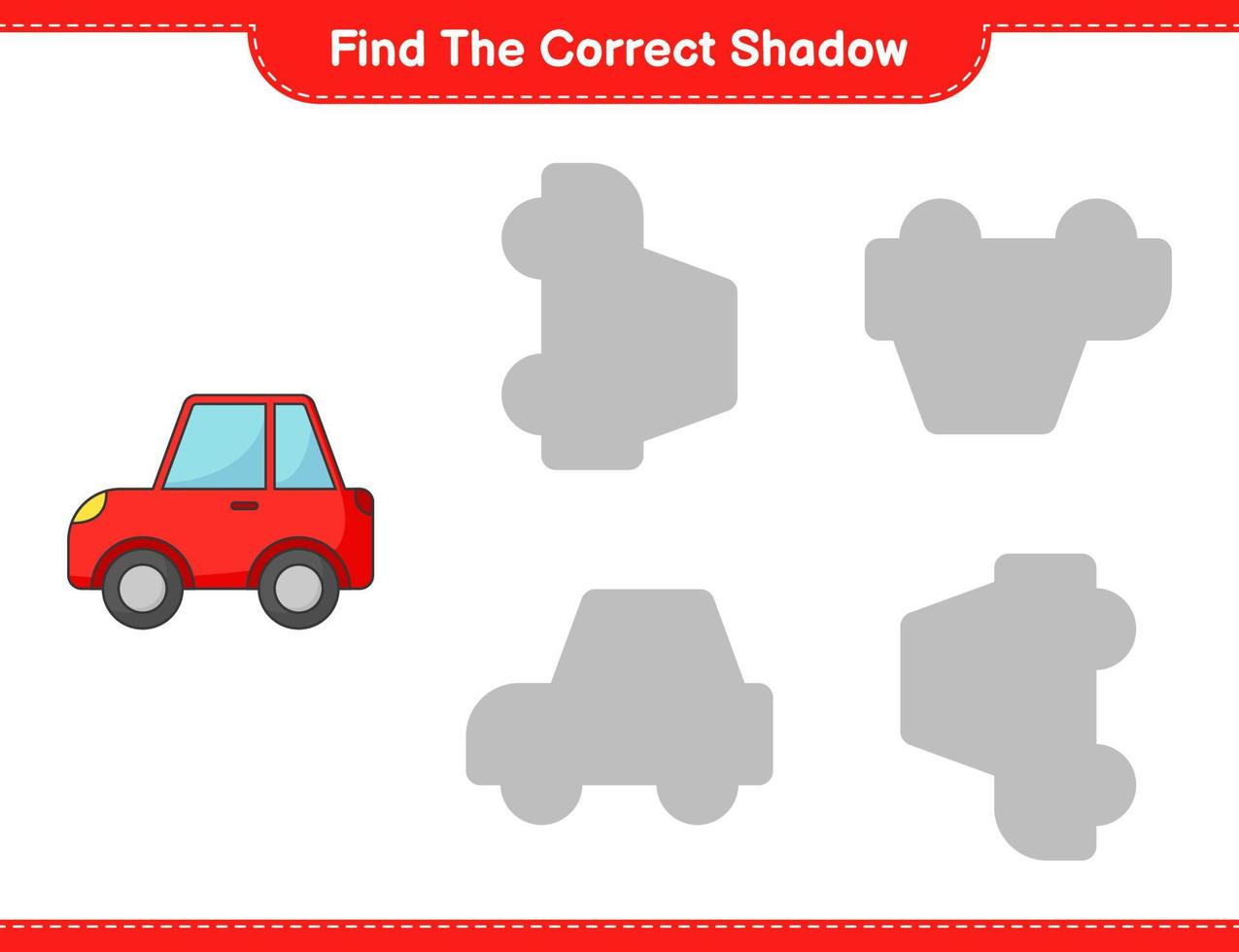 trouver la bonne ombre. trouver et faire correspondre l'ombre correcte de la voiture. jeu éducatif pour enfants, feuille de calcul imprimable, illustration vectorielle vecteur