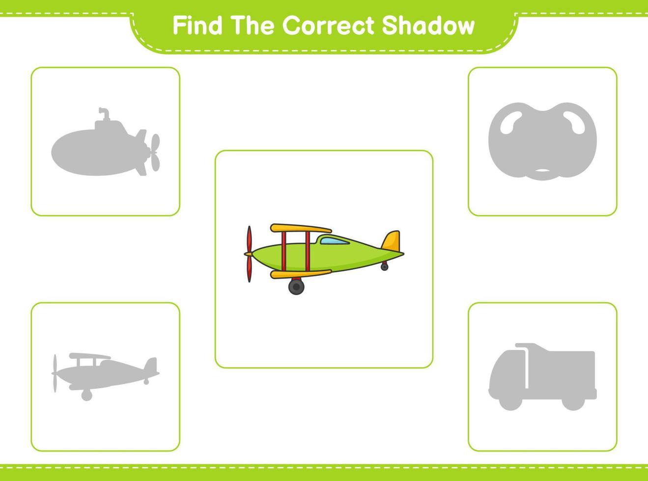 trouver la bonne ombre. trouver et faire correspondre l'ombre correcte de l'avion. jeu éducatif pour enfants, feuille de calcul imprimable, illustration vectorielle vecteur