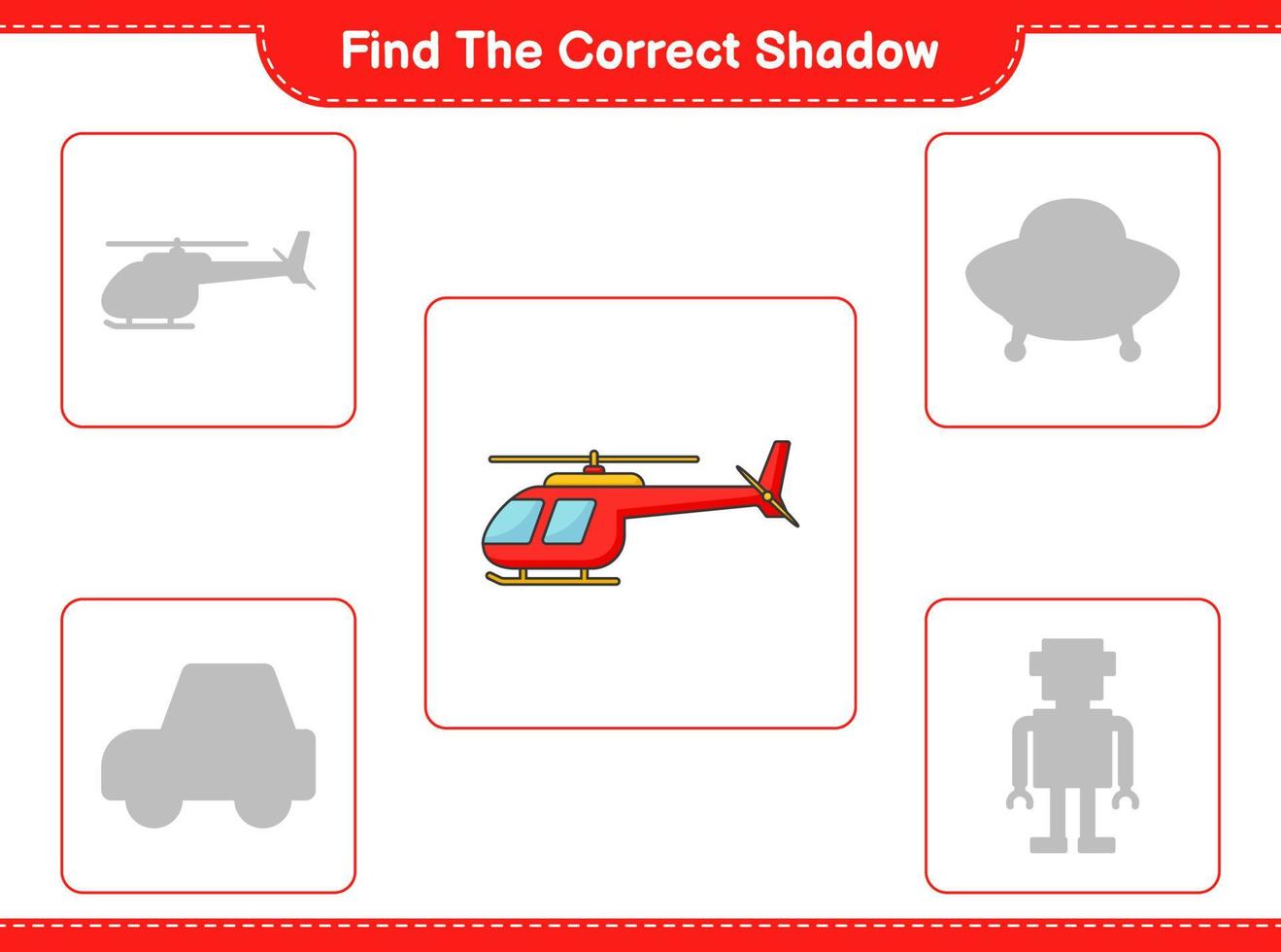 trouver la bonne ombre. trouver et faire correspondre l'ombre correcte de l'hélicoptère. jeu éducatif pour enfants, feuille de calcul imprimable, illustration vectorielle vecteur