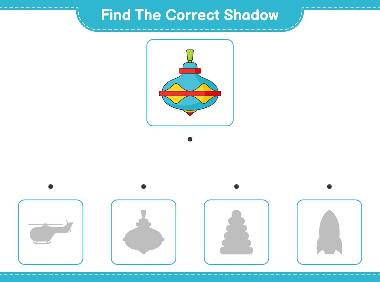 trouver la bonne ombre. trouver et faire correspondre l'ombre correcte du jouet tourbillon. jeu éducatif pour enfants, feuille de calcul imprimable, illustration vectorielle vecteur