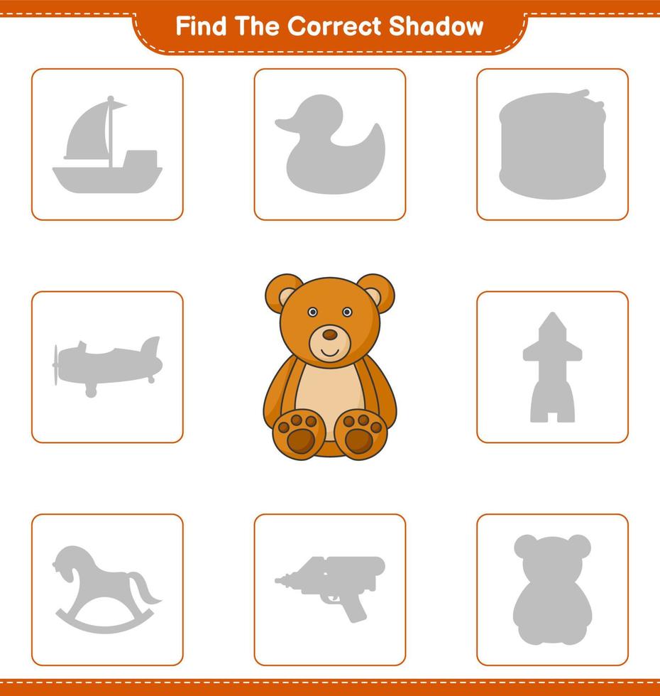trouver la bonne ombre. trouver et faire correspondre l'ombre correcte de l'ours en peluche. jeu éducatif pour enfants, feuille de calcul imprimable, illustration vectorielle vecteur