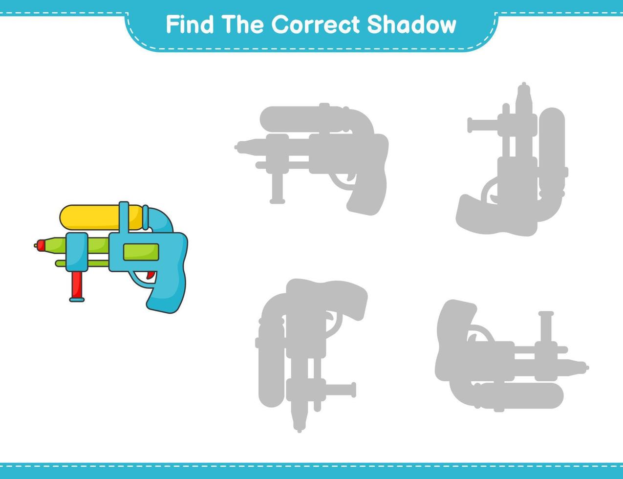 trouver la bonne ombre. trouver et faire correspondre l'ombre correcte du pistolet à eau. jeu éducatif pour enfants, feuille de calcul imprimable, illustration vectorielle vecteur