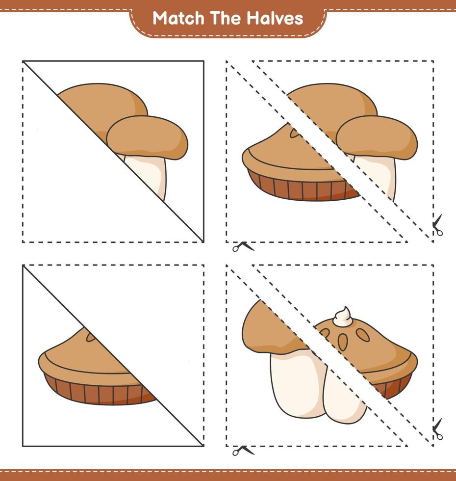 faire correspondre les moitiés. associer les moitiés de tarte et les cèpes aux champignons. jeu éducatif pour enfants, feuille de calcul imprimable, illustration vectorielle vecteur