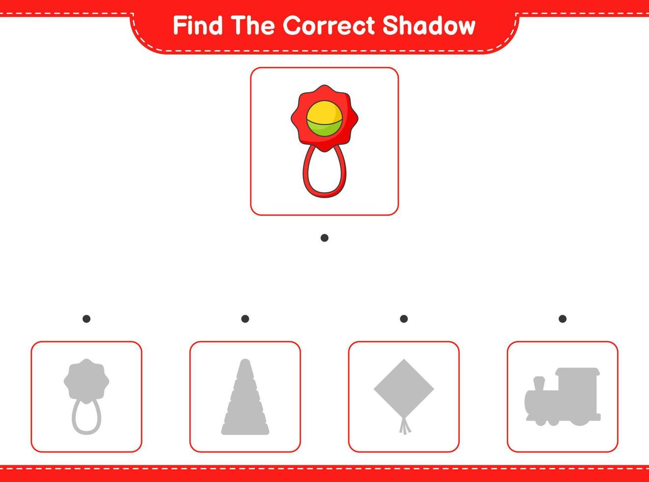 trouver la bonne ombre. trouver et faire correspondre l'ombre correcte du hochet pour bébé. jeu éducatif pour enfants, feuille de calcul imprimable, illustration vectorielle vecteur