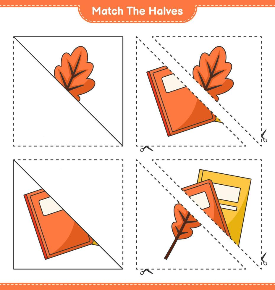 faire correspondre les moitiés. associez les moitiés de feuille de chêne et de livre. jeu éducatif pour enfants, feuille de calcul imprimable, illustration vectorielle vecteur