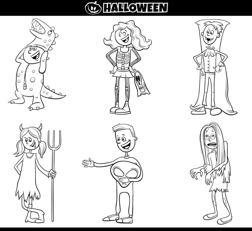 enfants en costumes d'halloween mis page de livre de coloriage de dessin animé vecteur