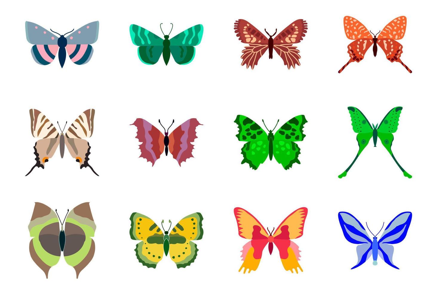 grand ensemble vectoriel, collection de papillons sur fond blanc. jeu d'icônes de dessin animé isolé, insecte décoratif. vecteur