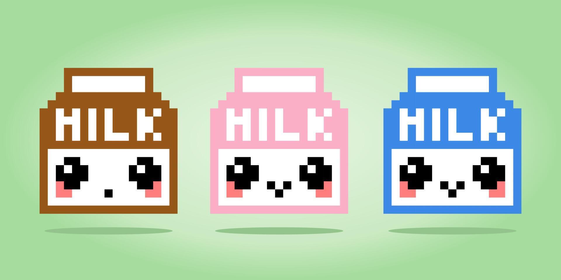 lait de boîte de doodle. adorables pixels au lait, goût vanille, marron et fraise. illustration de vecteurs pixel art. vecteur