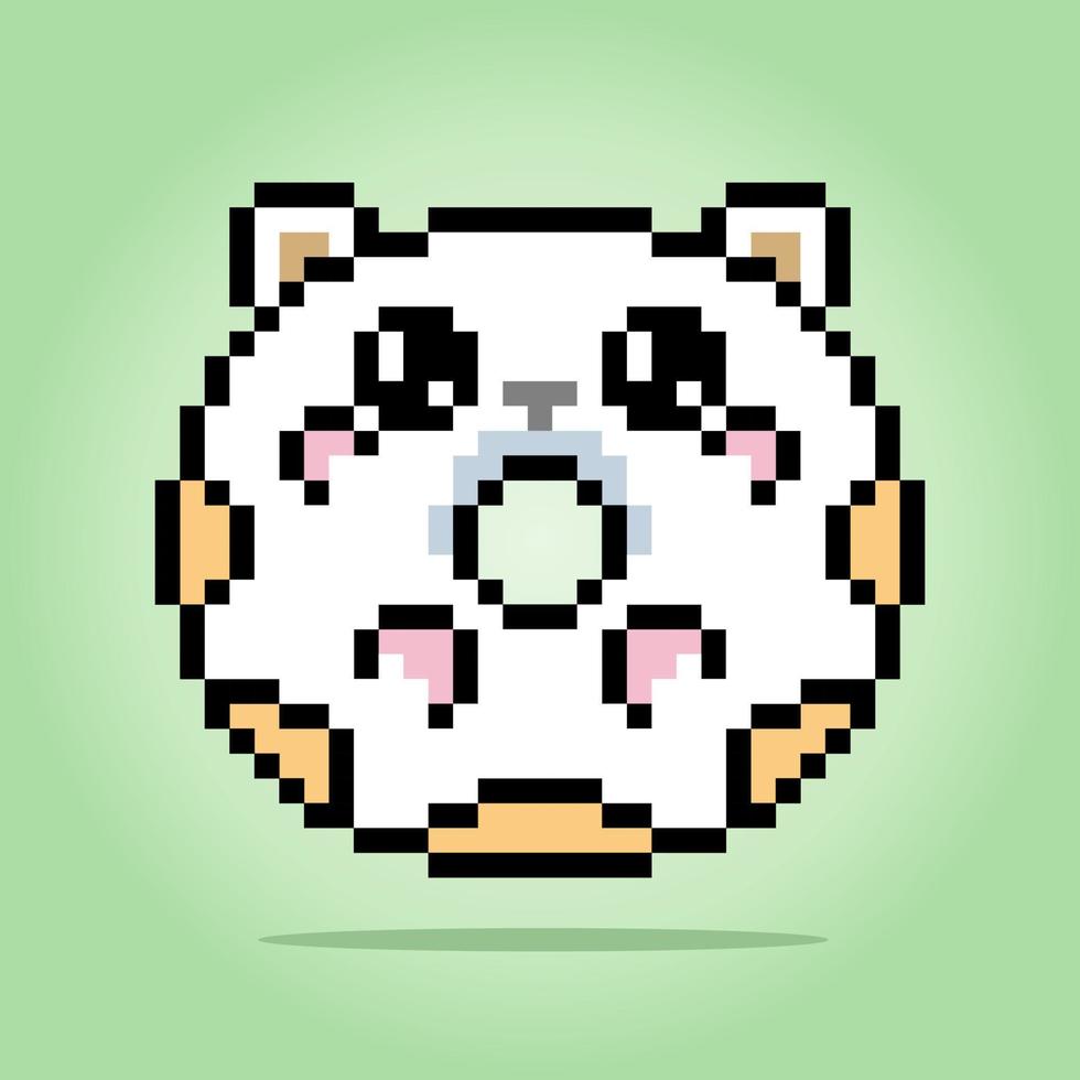 Donuts pixel 8 bits en forme de chat mignon. alimentaire en illustration vectorielle, motif de point de croix. vecteur