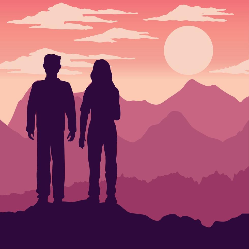 silhouette de couple amoureux dans un paysage rose vecteur