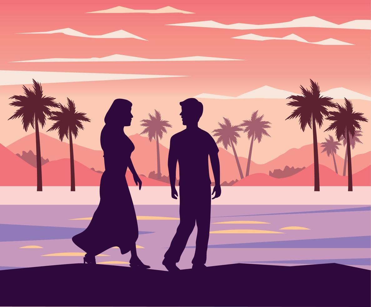 silhouette de couple sur la plage vecteur