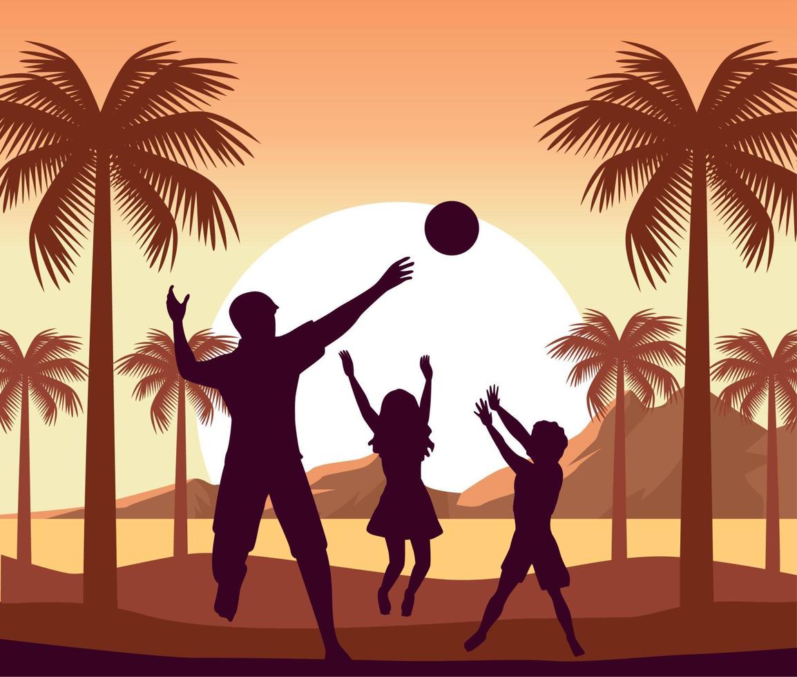 famille jouant au basket scène de plage vecteur