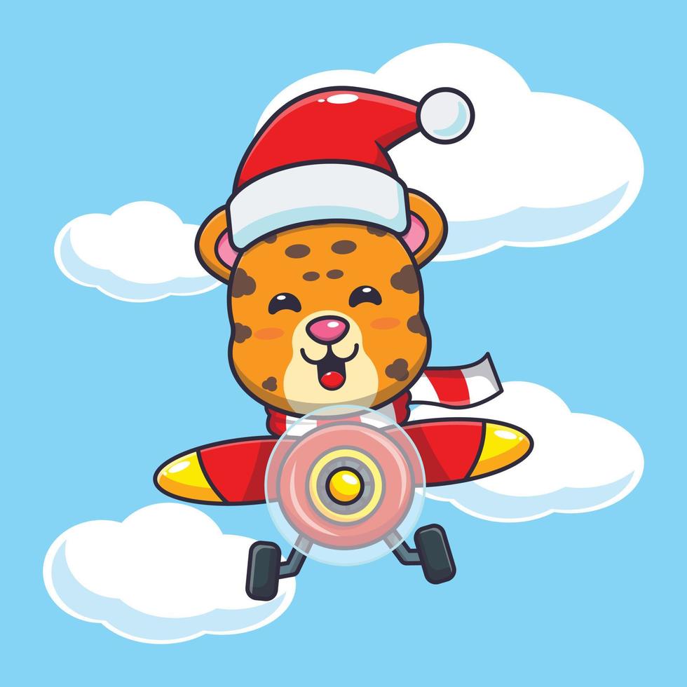 léopard mignon portant bonnet de noel volant avec avion. illustration de dessin animé de noël mignon. vecteur