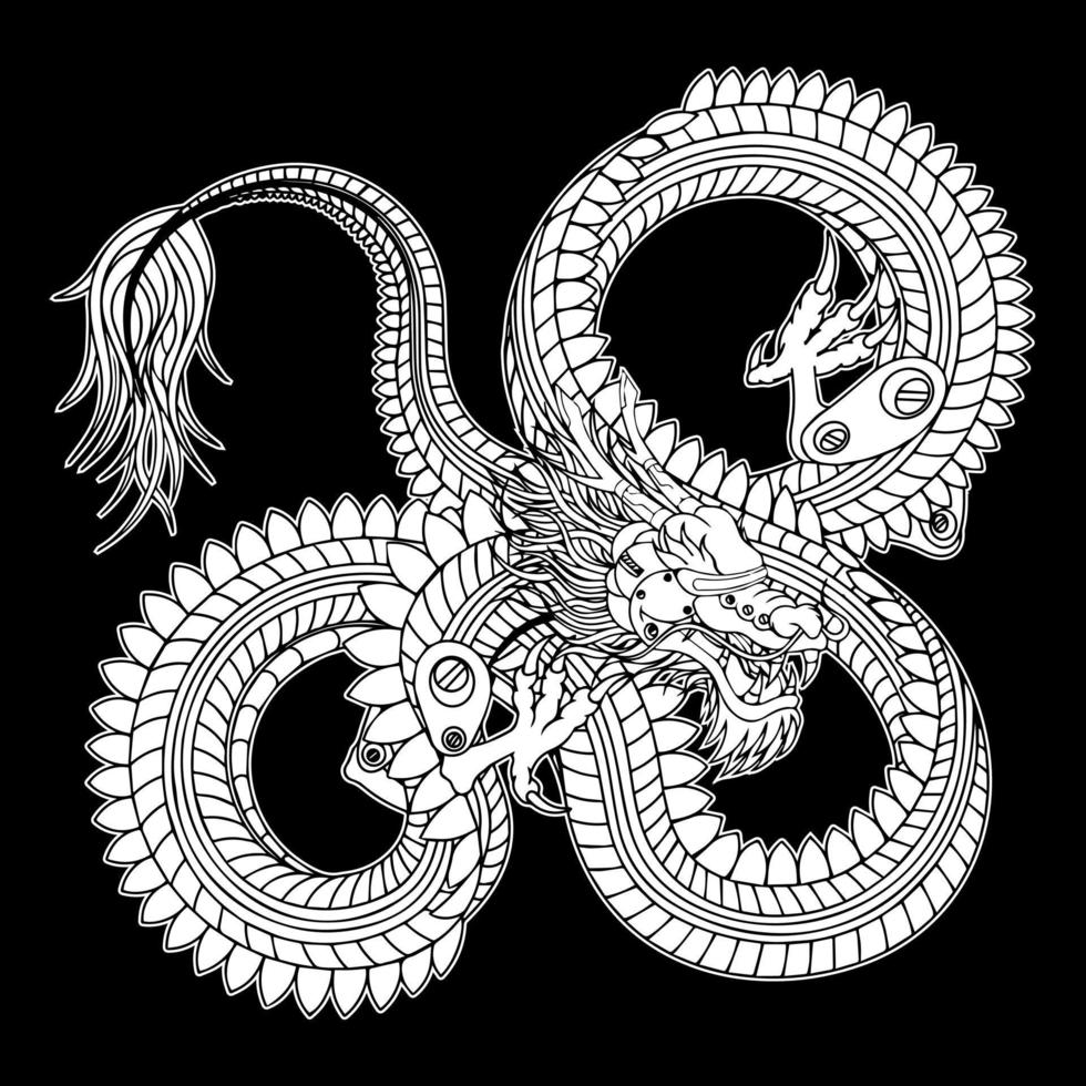 tatouage art dargon main dessin et croquis noir et blanc vecteur