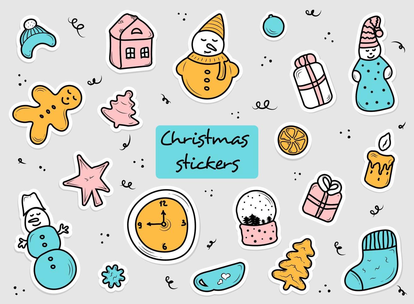 ensemble d'autocollants de doodle de fête de noël. épingles élégantes de thème de vacances d'hiver mignons, confortables et lumineux, modèle de patch. joyeux noël illustrations dessinées à la main vecteur