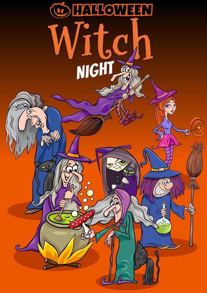 conception d'affiche de dessin animé de vacances halloween avec des sorcières vecteur