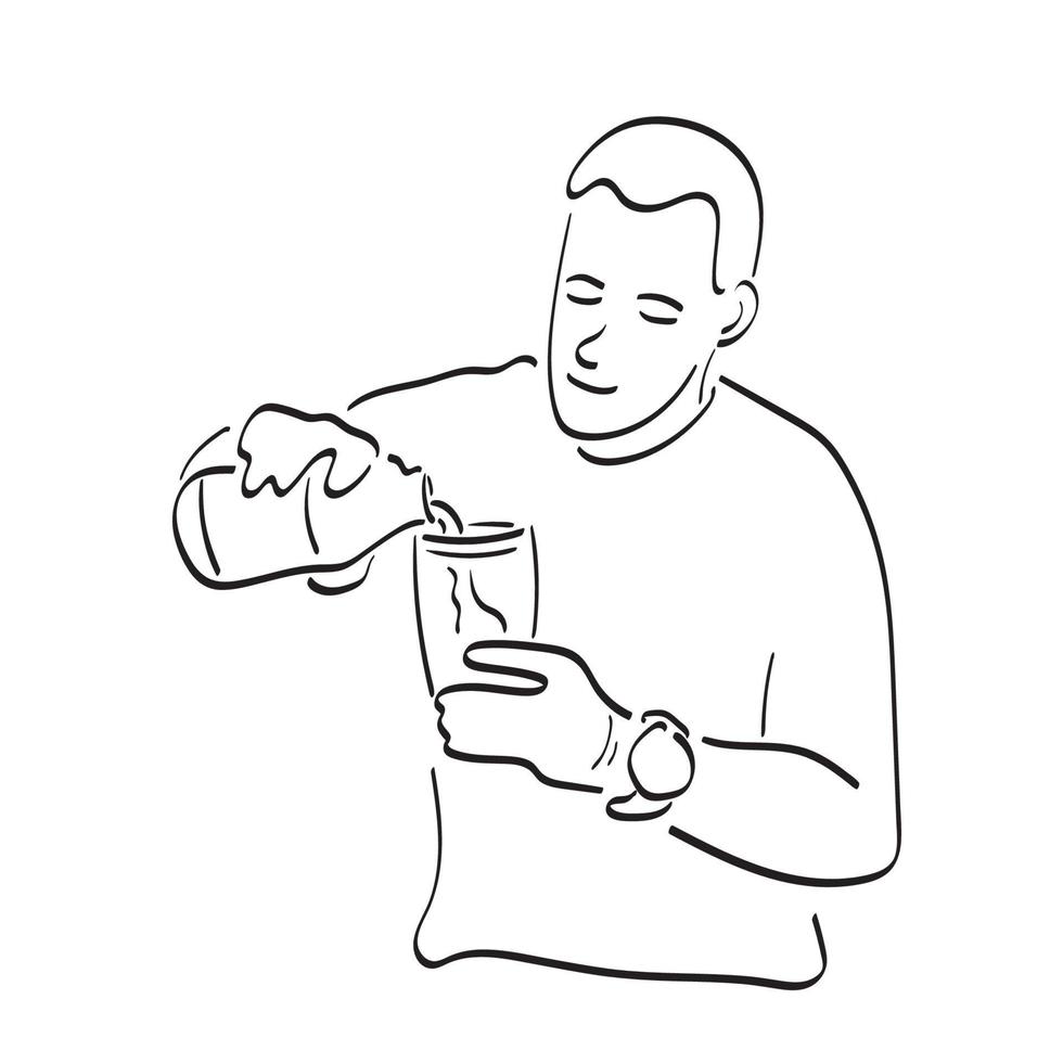 homme versant de l'eau dans une bouteille au verre illustration vecteur dessiné à la main isolé sur fond blanc dessin au trait.