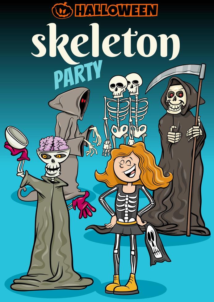 conception d'affiche de dessin animé de vacances halloween avec des squelettes vecteur
