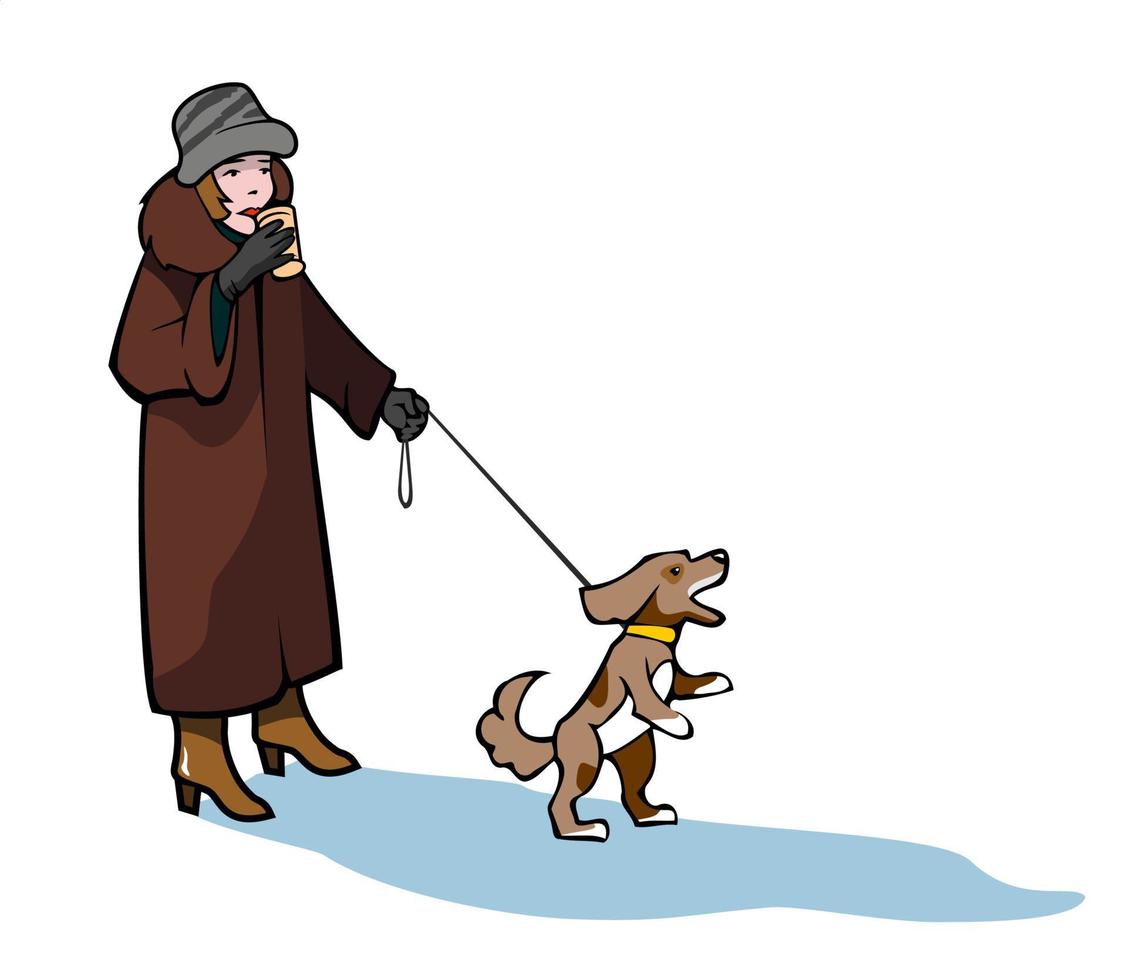 femme portant un manteau de fourrure et un chapeau marchant avec un chien en hiver. isolé. marcher avec un animal de compagnie. illustration vectorielle plane. vecteur