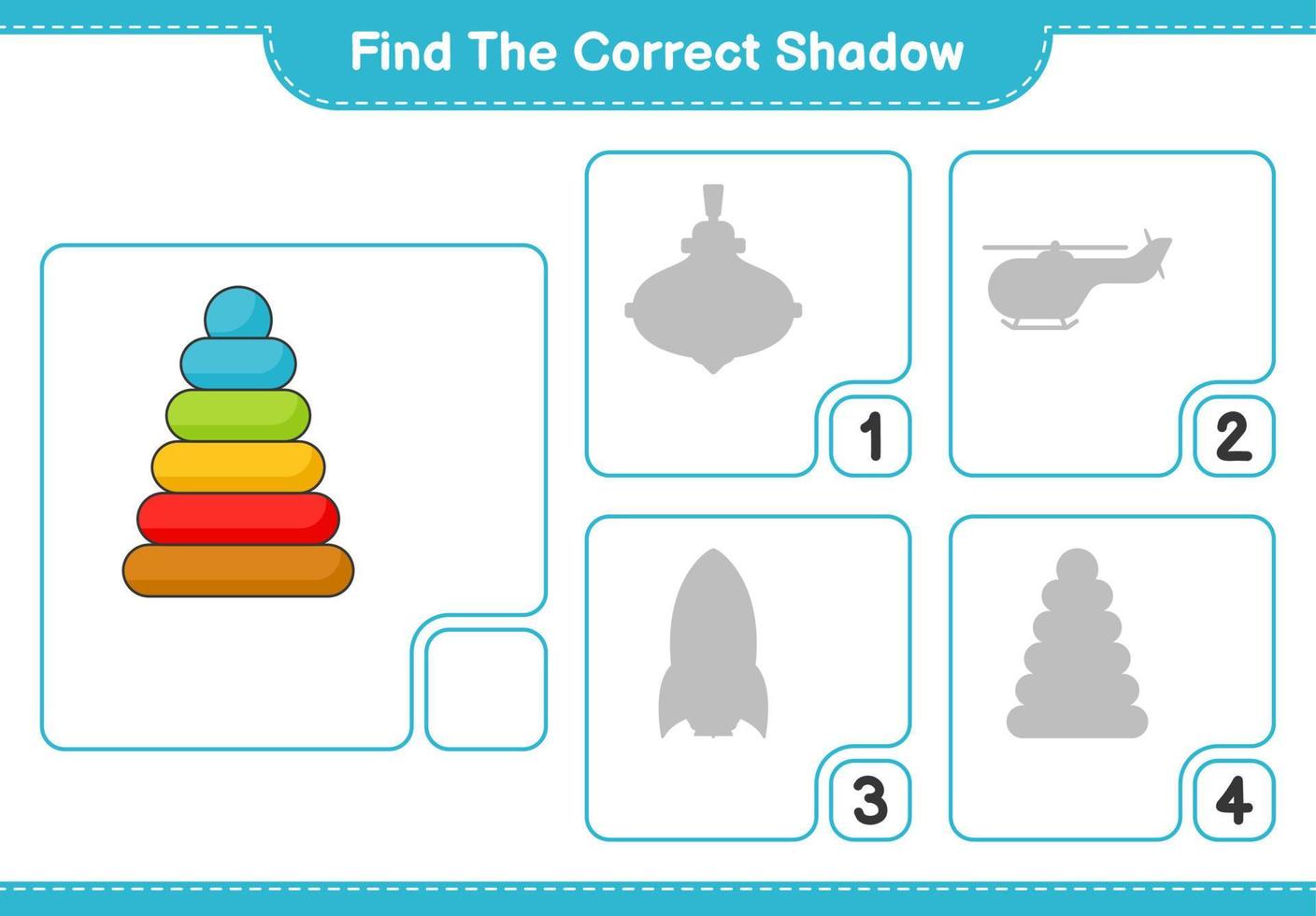 trouver la bonne ombre. trouver et faire correspondre l'ombre correcte du jouet pyramide. jeu éducatif pour enfants, feuille de calcul imprimable, illustration vectorielle vecteur