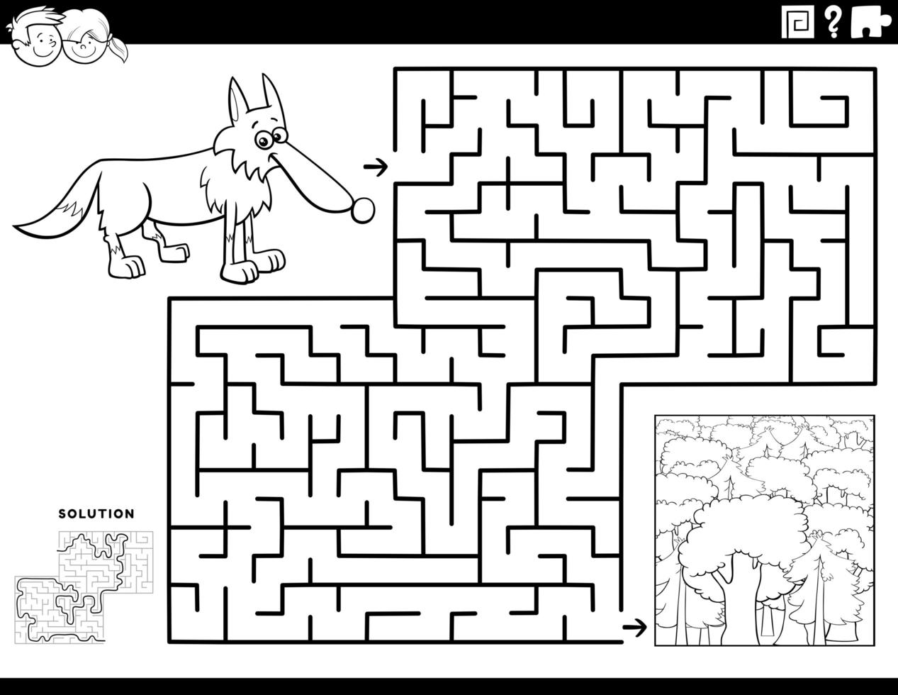 jeu de labyrinthe avec loup et forêt vecteur