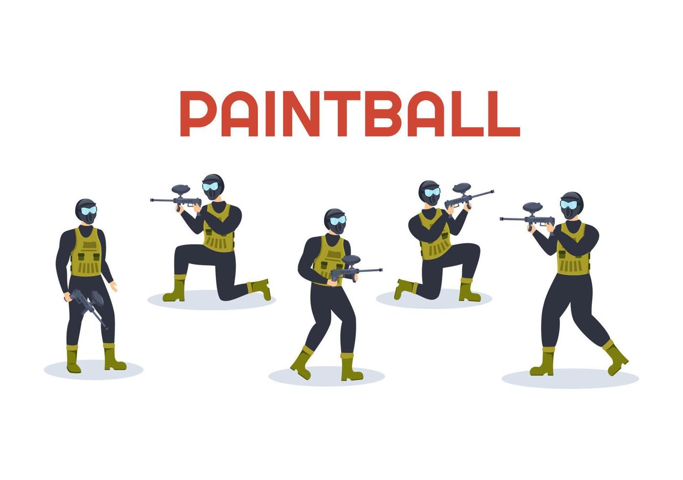 personnes jouant au paintball d'un joueur de chasse tirant avec une arme à feu, viser, attaquer sur une scène de terrain en dessin animé plat illustration de modèle dessiné à la main vecteur