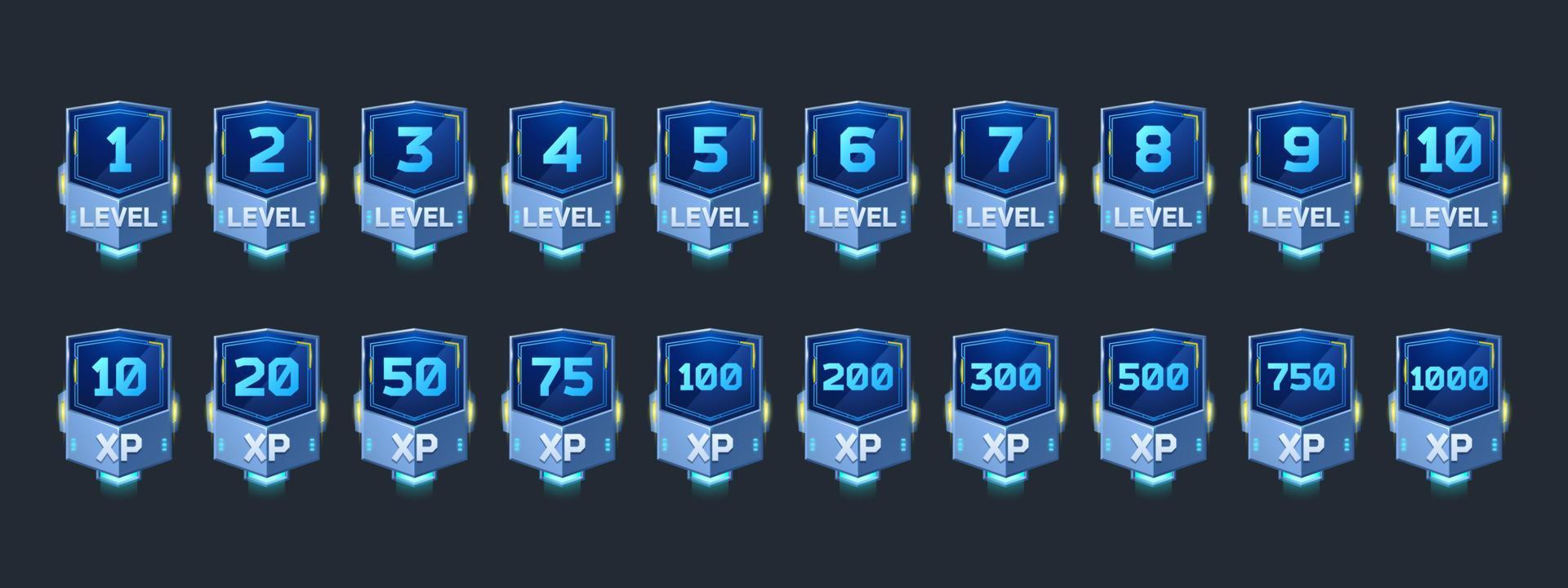 badges avec numéro de niveau et xp pour le jeu vecteur