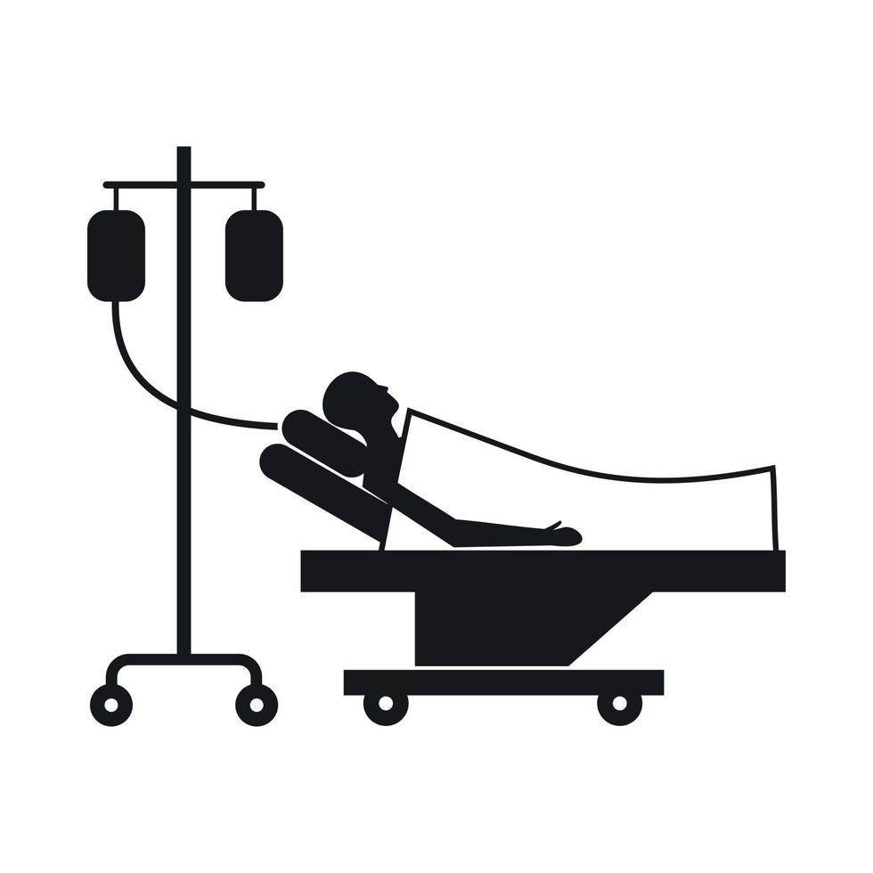 patient au lit sous perfusion icône, style simple vecteur