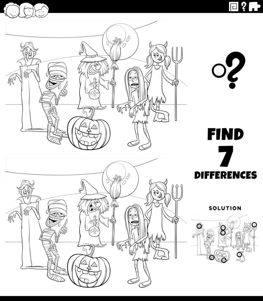 Jeu de différences avec la page de livre de coloriage de personnages halloween vecteur