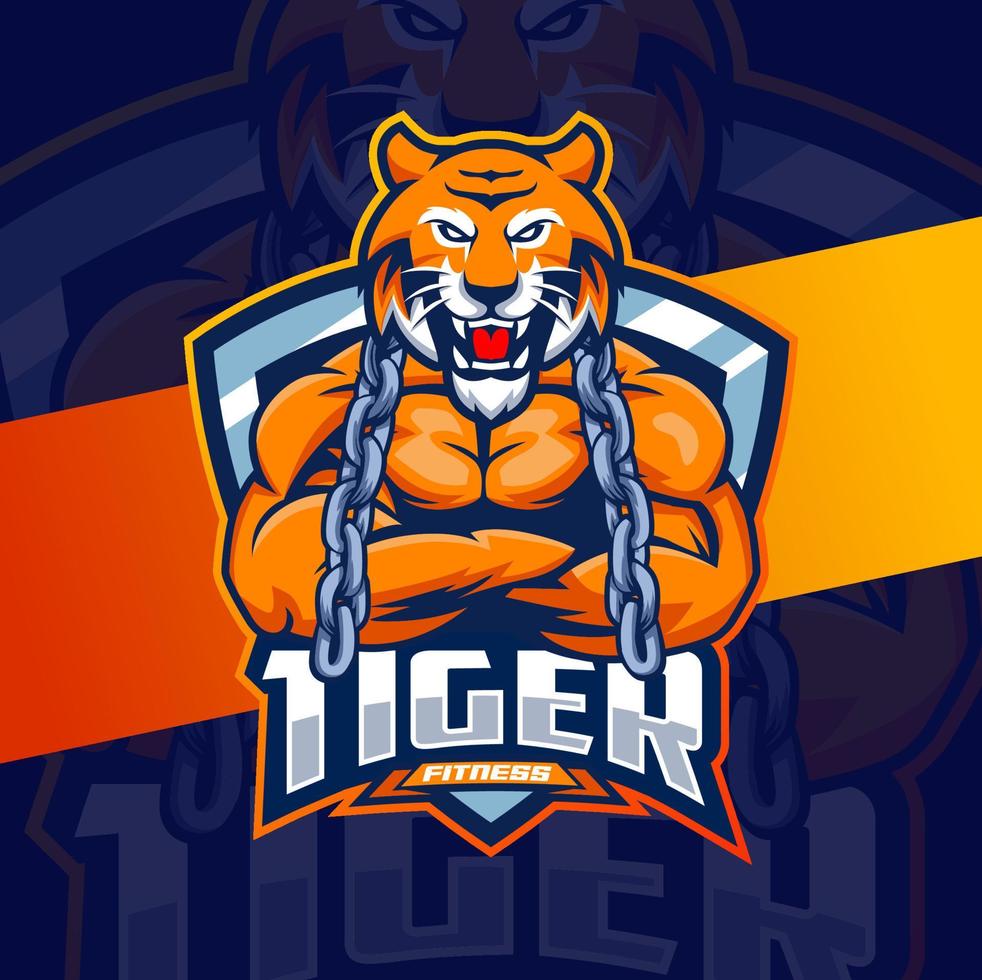 conception de logo de mascotte de personnage de forme physique forte de tigre pour le jeu de musculation de forme physique et le logo de sport vecteur