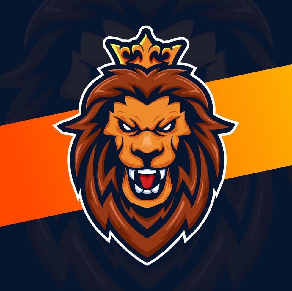 logo esport de personnage de mascotte tête de roi lion avec couronne pour le sport et le jeu vecteur