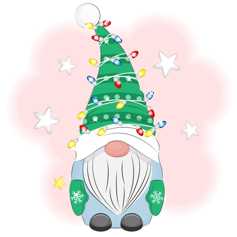 mignon gnome de noël avec illustration vectorielle de guirlande vecteur