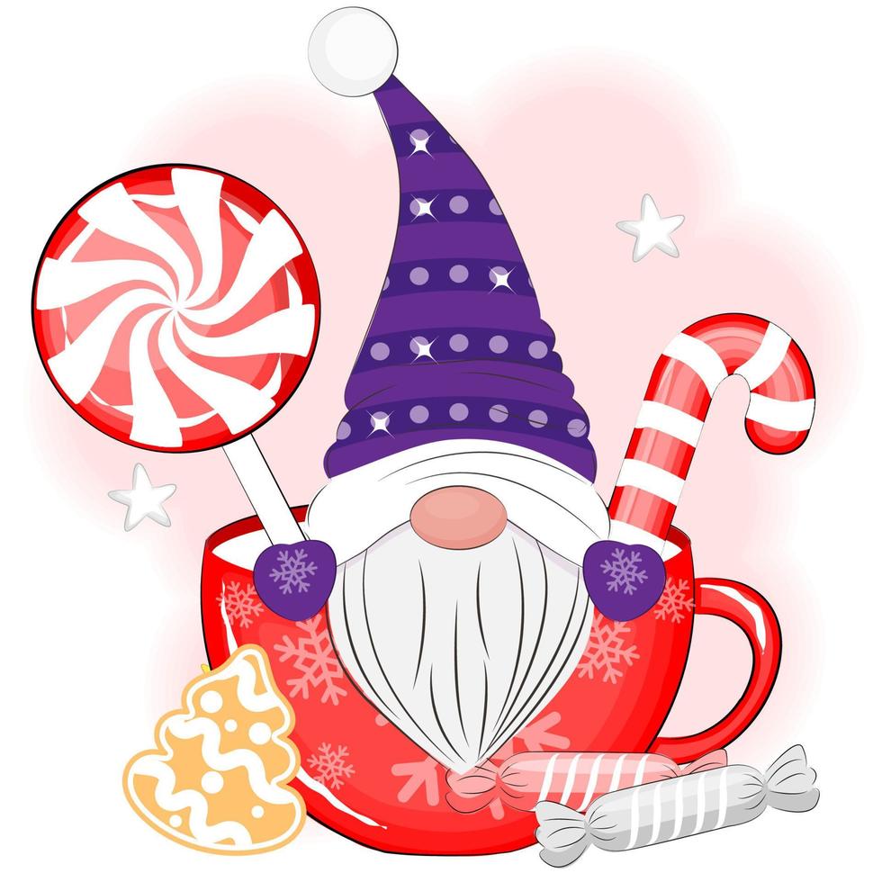 noël, mignon, gnome, dans, a, tasse, à, bonbon, vecteur, illustration vecteur