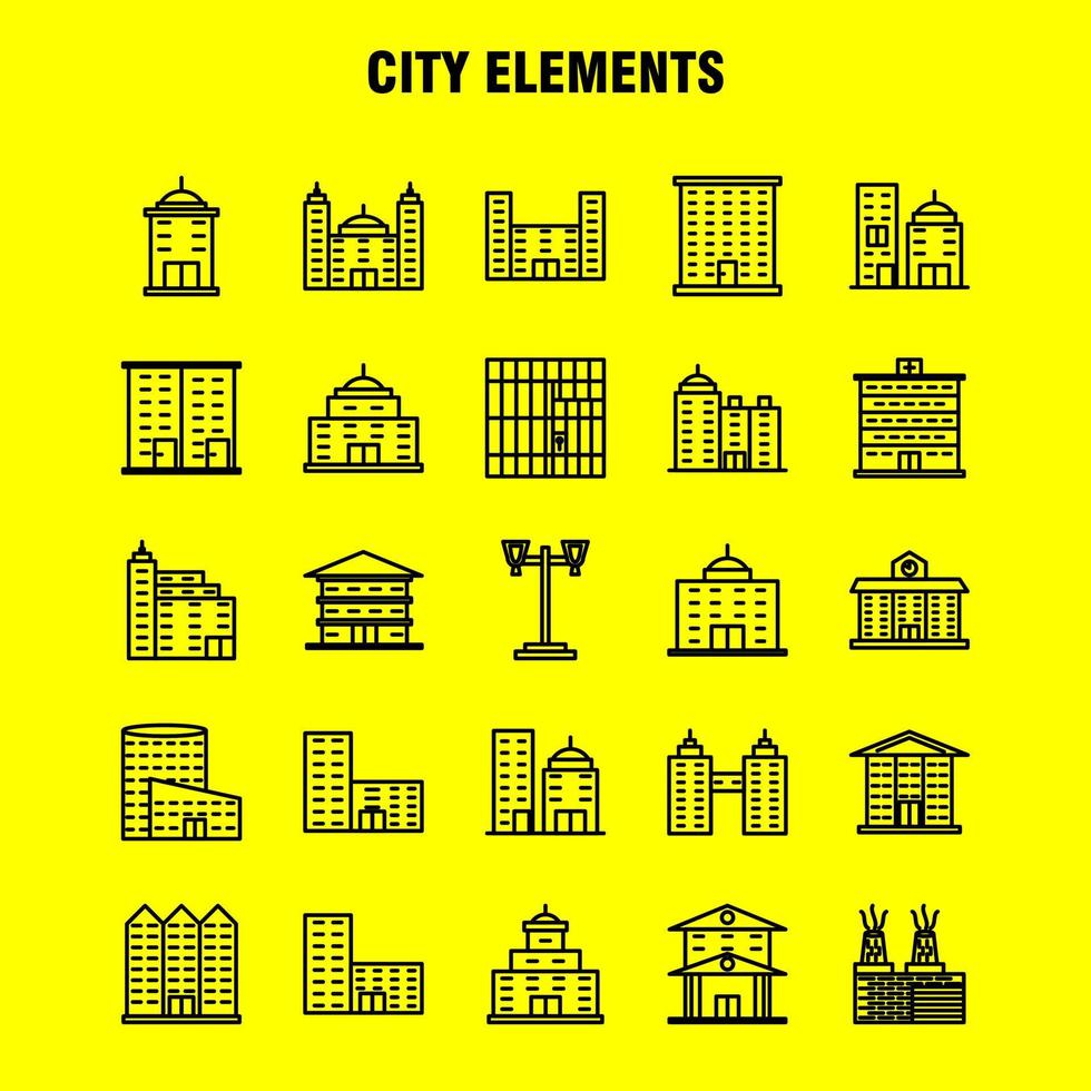 icônes de ligne d'éléments de la ville définies pour l'infographie le kit uxui mobile et la conception d'impression incluent la construction de la tour les immeubles de bureaux de la ville la tour le bureau de la ville le vecteur eps 10