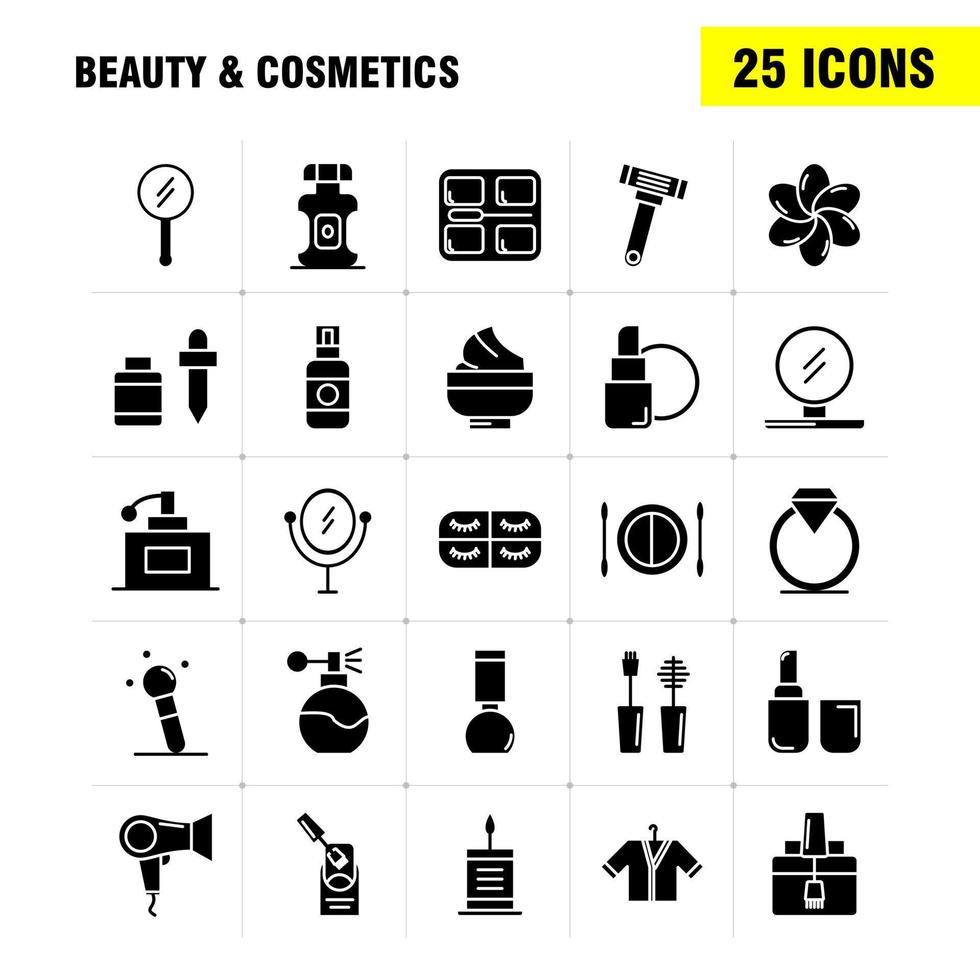 beauté et cosmétiques icônes de glyphes solides définies pour l'infographie le kit uxui mobile et la conception d'impression incluent la fondation du visage maquillage liquide brosse de beauté maquillage beauté icône ensemble vecteur