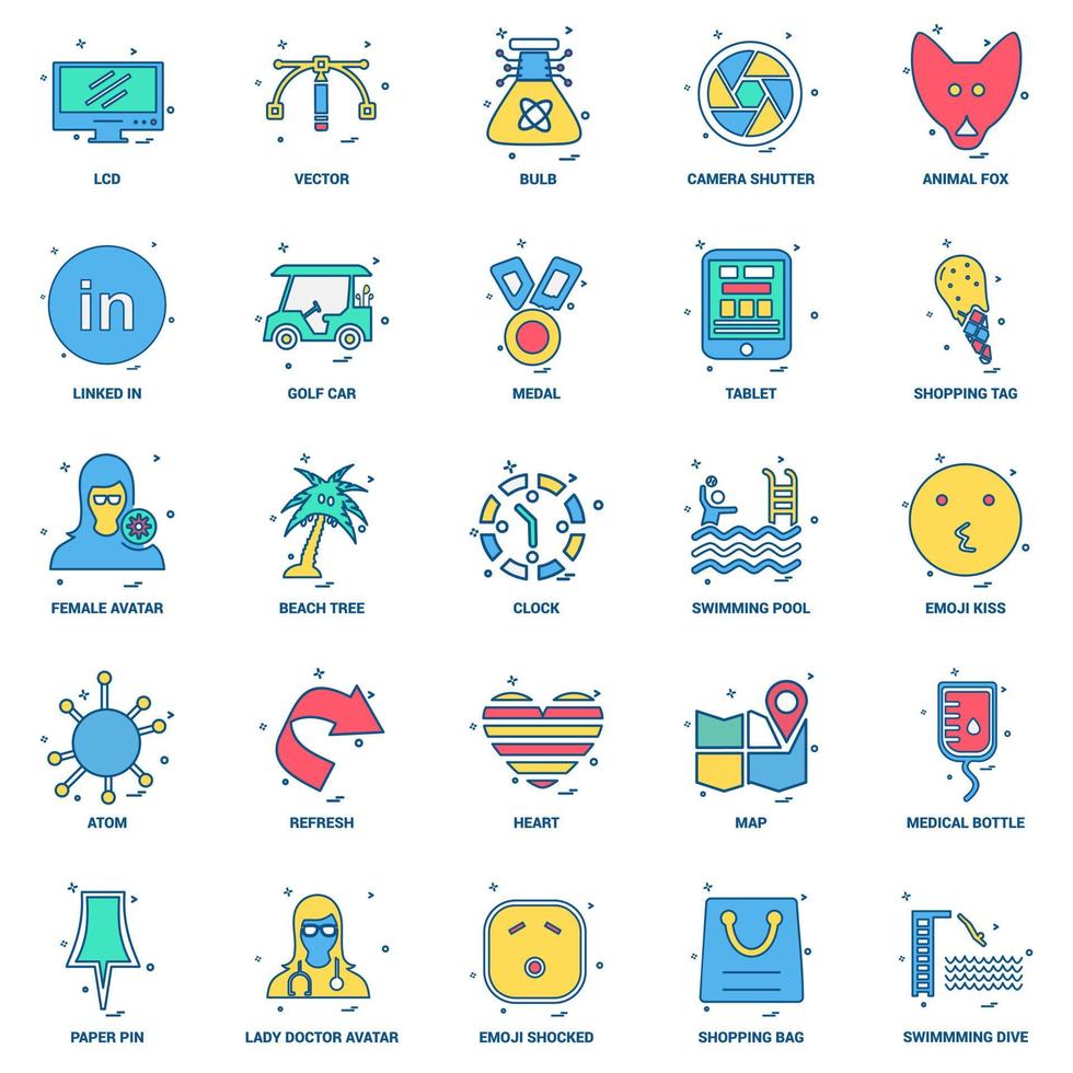 25 concept d'entreprise mélange jeu d'icônes de couleur plate vecteur