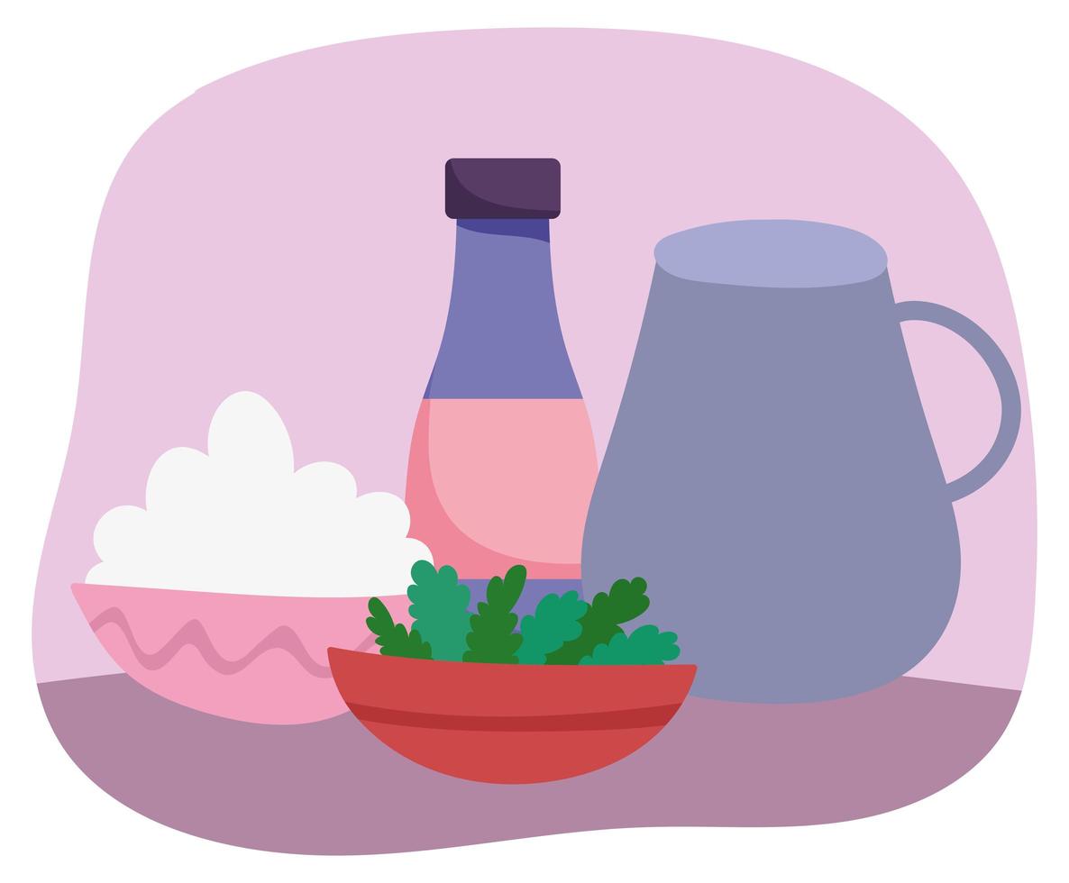 nourriture dans des bols, un pot et une bouteille vecteur