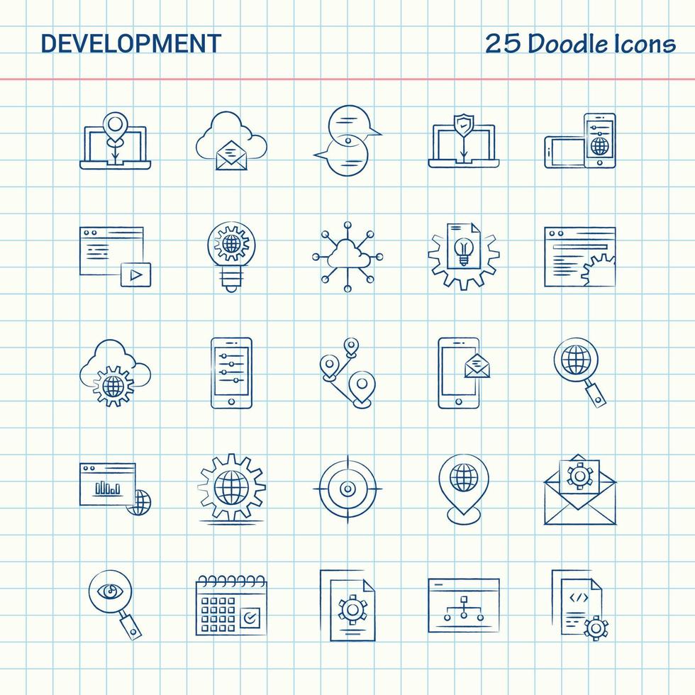 développement 25 icônes doodle jeu d'icônes d'affaires dessinés à la main vecteur