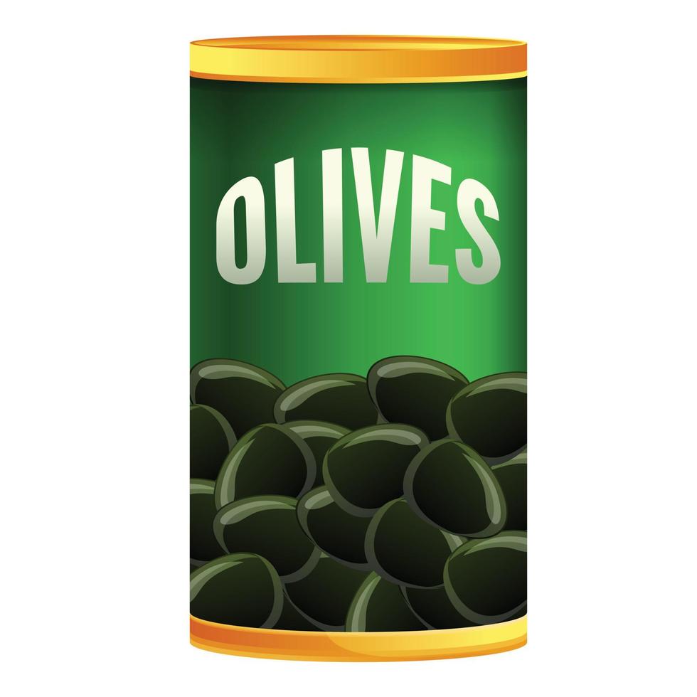 icône de boîte de conserve d'olives noires, style cartoon vecteur