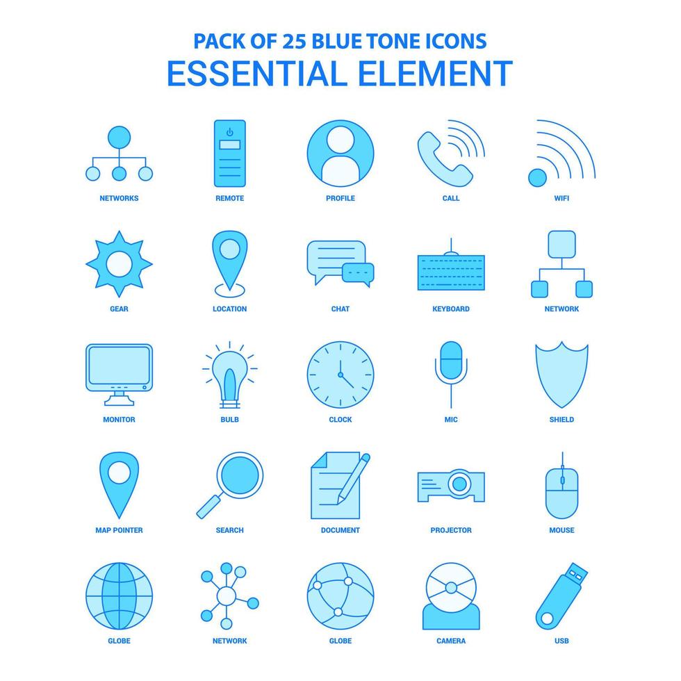 pack d'icônes de ton bleu élément essentiel 25 jeux d'icônes vecteur