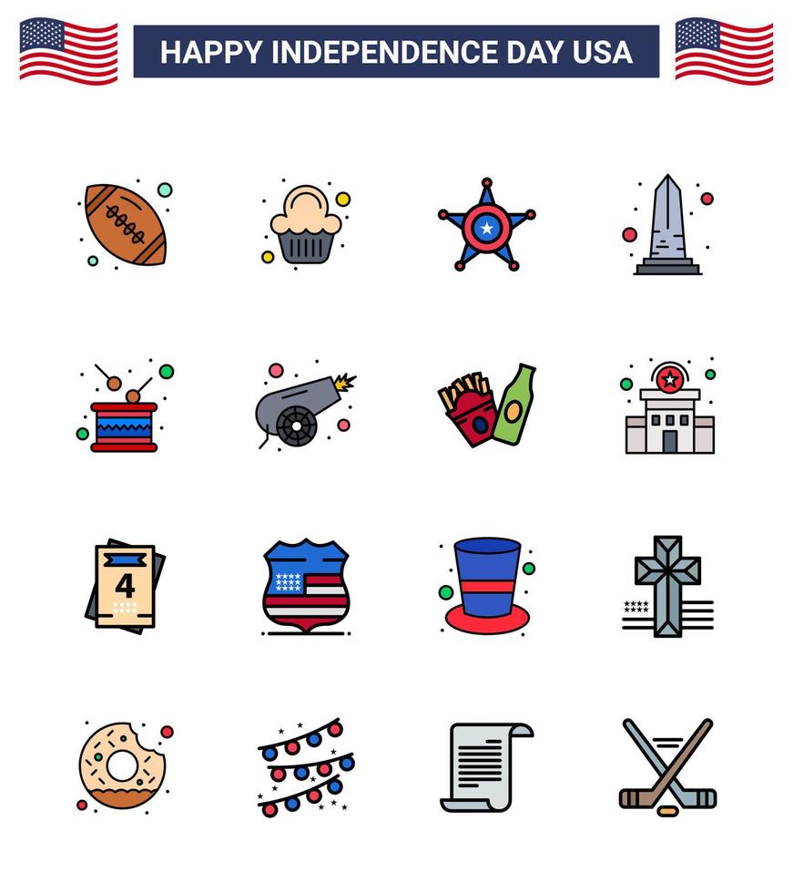 joyeux jour de l'indépendance pack de 16 lignes remplies à plat signes et symboles pour la journée usa hommes point de repère modifiables usa day vector design elements