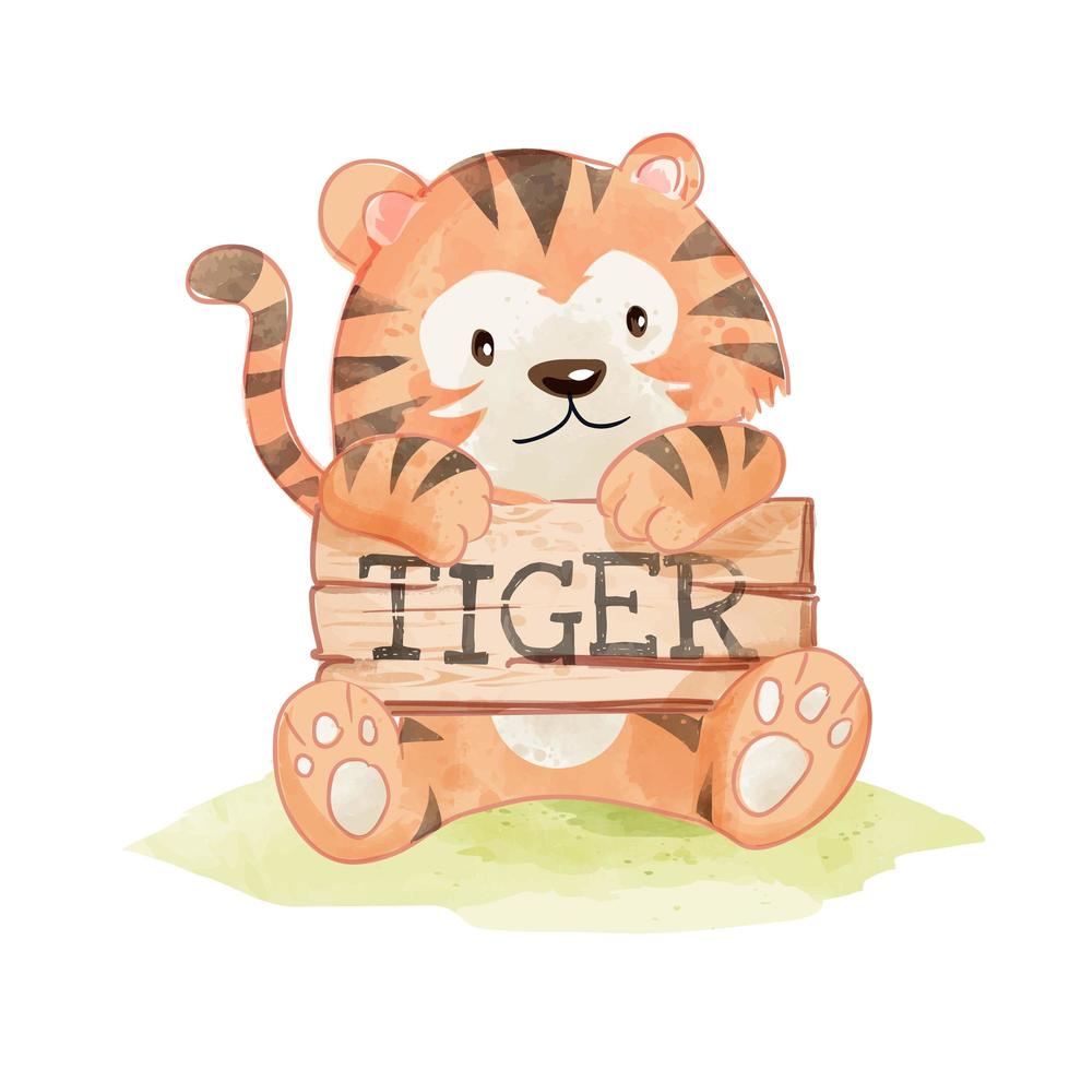 tigre mignon tenant une pancarte en bois vecteur