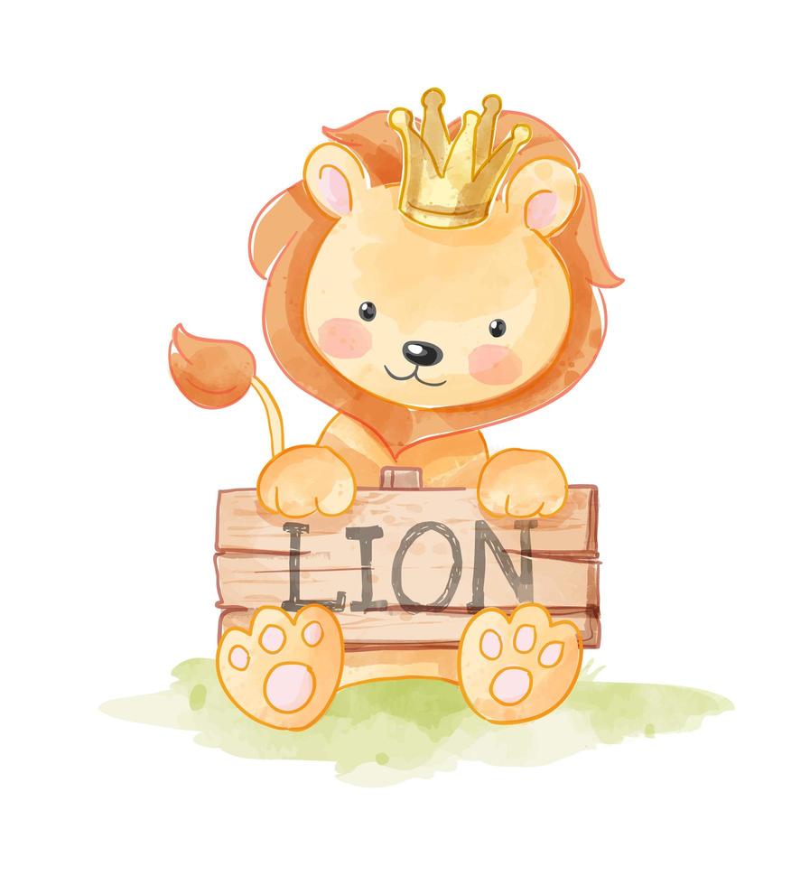 lion de dessin animé mignon tenant une pancarte en bois vecteur