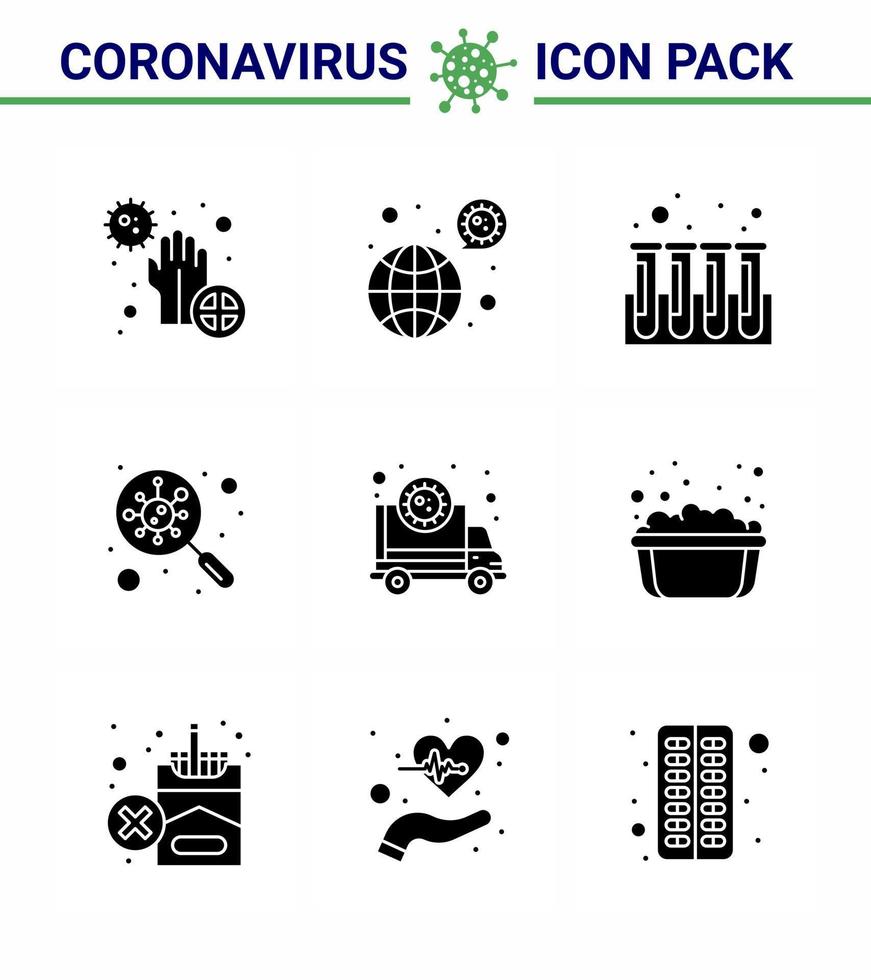 nouveau coronavirus 2019ncov 9 solide glyphe noir pack d'icônes analyse trouver des bactéries covid tester coronavirus viral 2019nov éléments de conception de vecteur de maladie