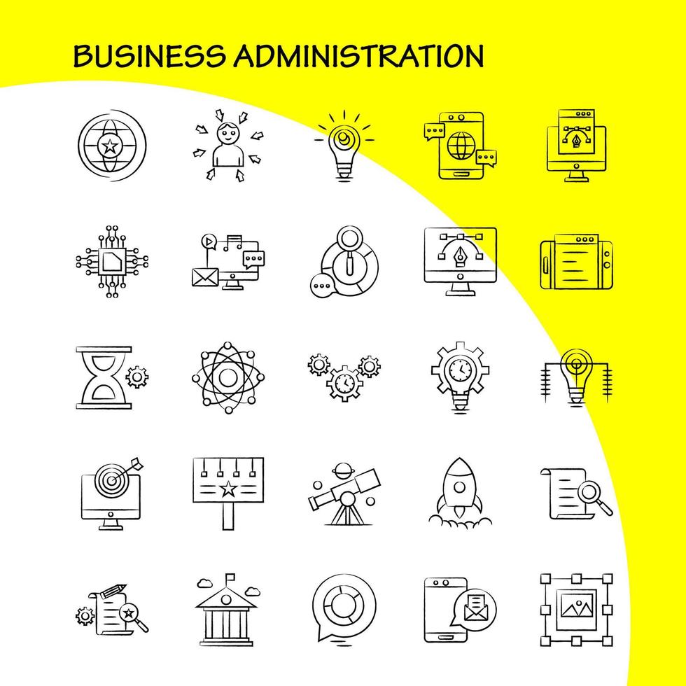 administration des affaires icônes dessinées à la main définies pour l'infographie le kit uxui mobile et la conception d'impression incluent l'œil oeil balle mise au point cible liaison chimique chimique eps 10 vecteur