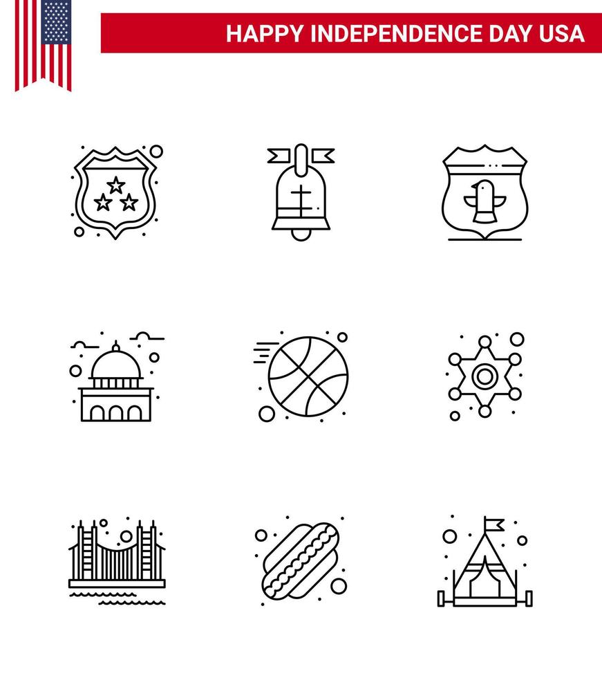 ensemble de 9 lignes modernes pack sur le jour de l'indépendance des états-unis basket-ball usa bouclier historique bâtiment modifiable usa day vector design elements